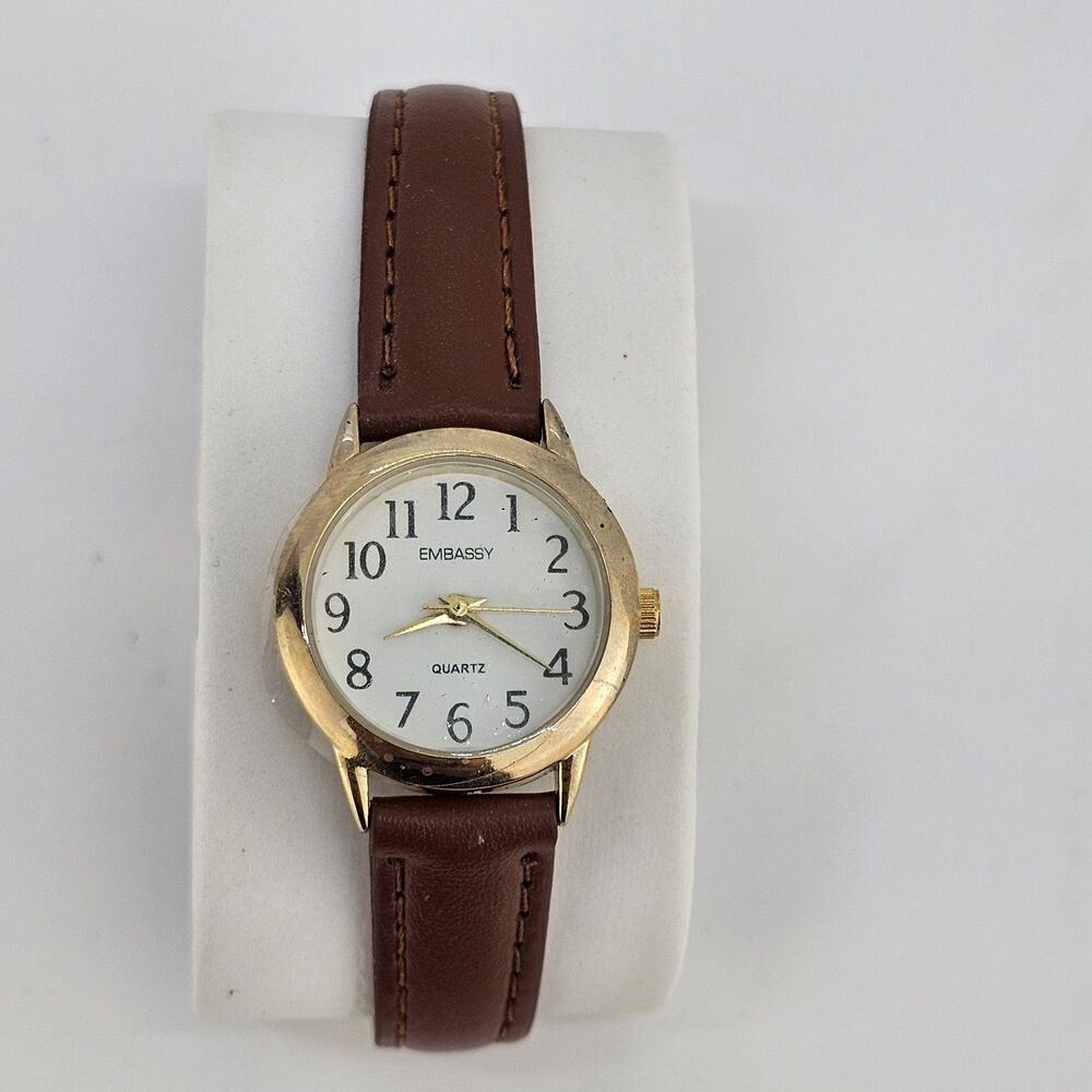 Embassy Women's Watch 24MM White Dial Gold‎ Case Brown Leather Bands New Battery
